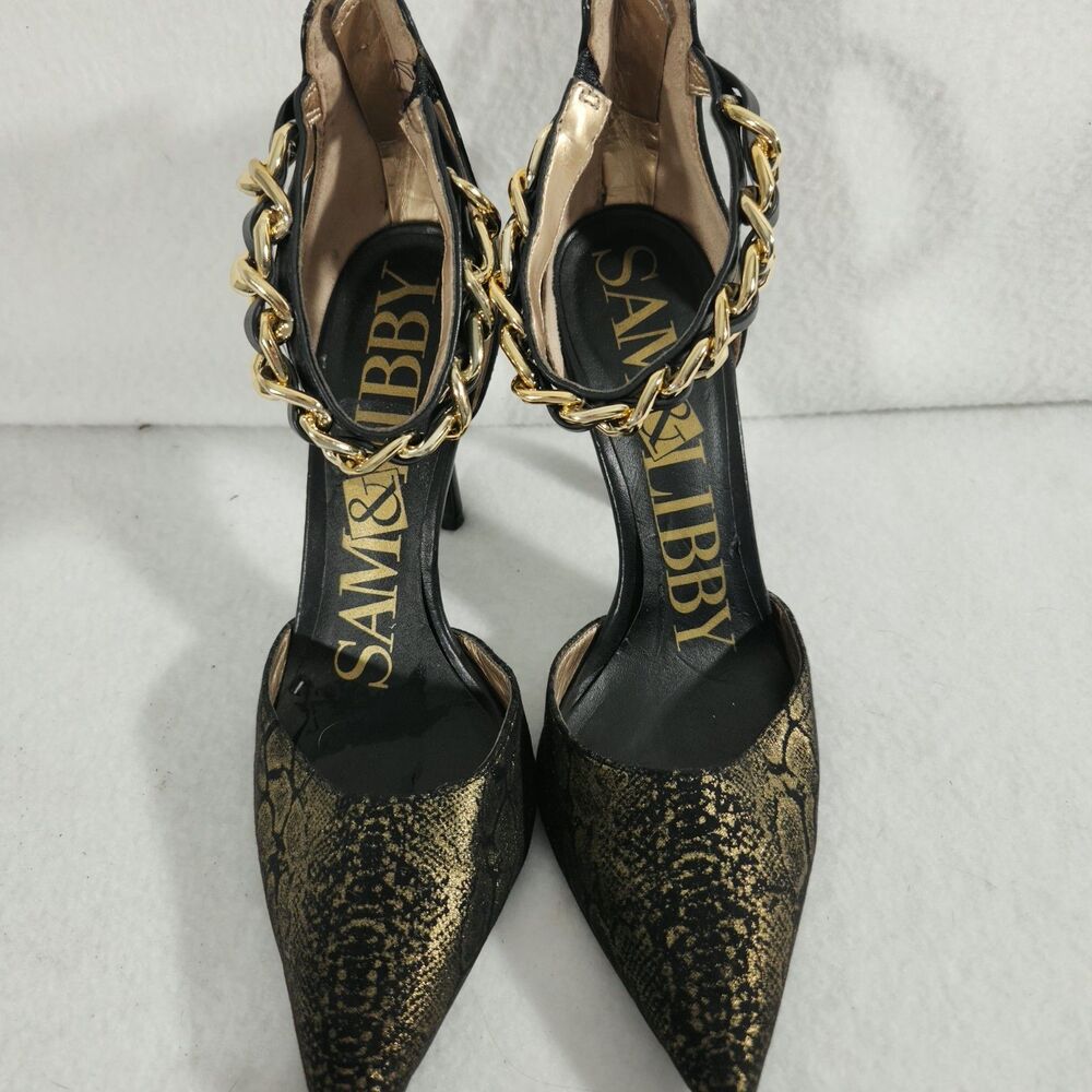 SAM and LIBBY, WOMEN'S DESIGNER,POINTED-TOE, STRAP HEELS Size 7 Gold Ankle Chain